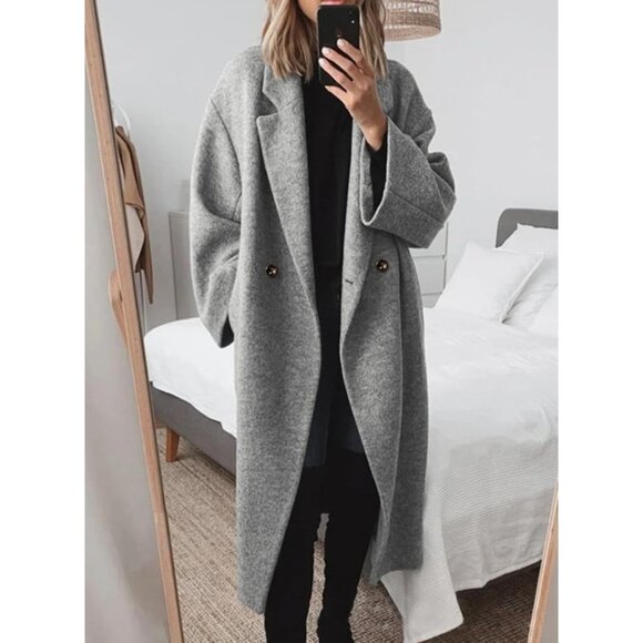 Women's Grey Winter Double Breasted Wool Coat Long Sleeve Long Trench Coat - Picture 2 of 3
